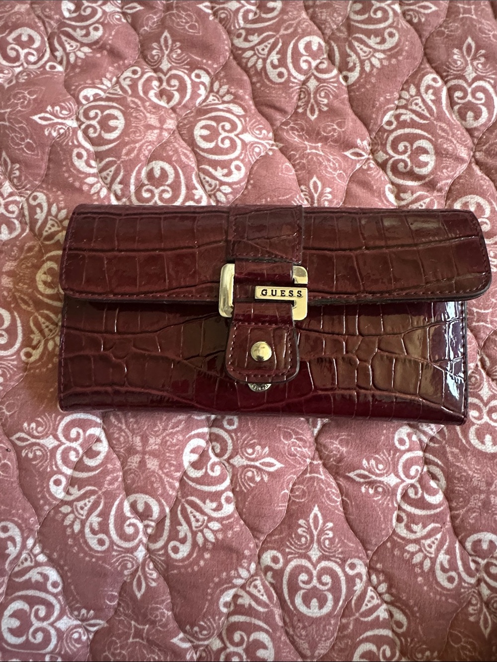 Guess Croc-Embossed Patent Leather Wallet - Wine